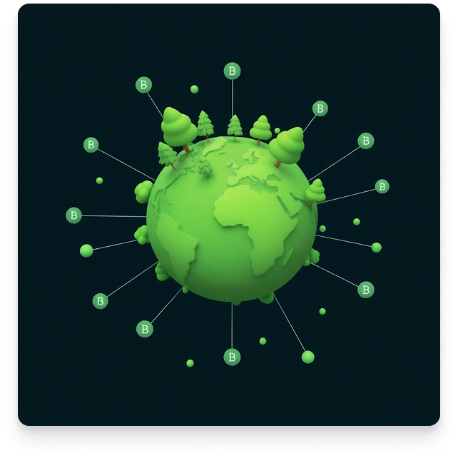 Green globe with trees and blockchain nodes